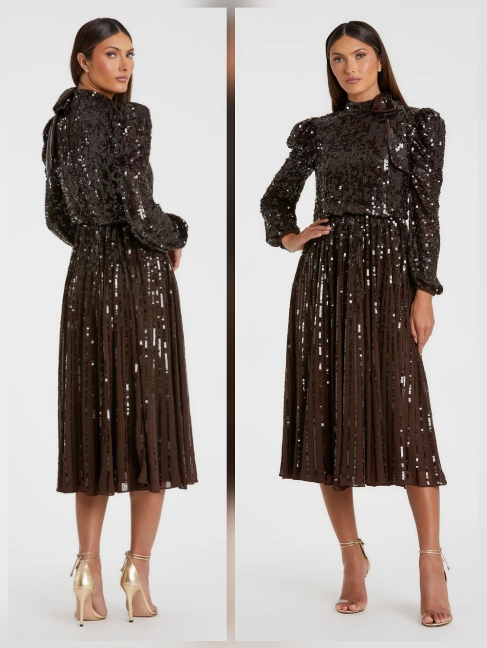 NWT- Mac Duggal Brown Long Sleeve Sequin Tea Length Dress Sz 4
